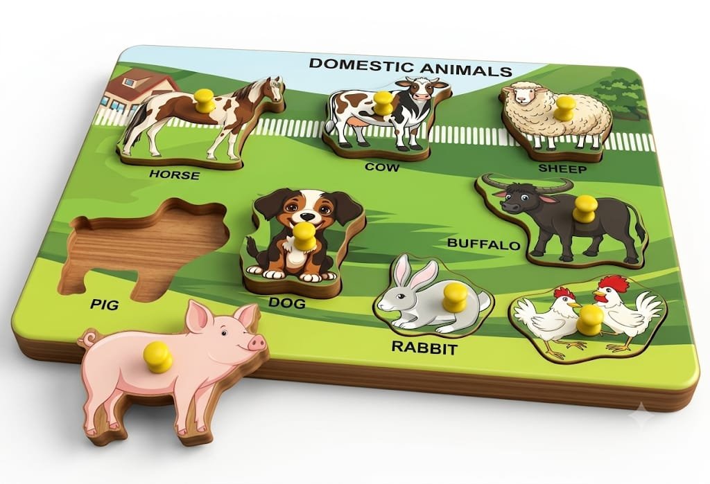 Wooden Pet Animals Puzzle Board for Kids Educational Knob Puzzle