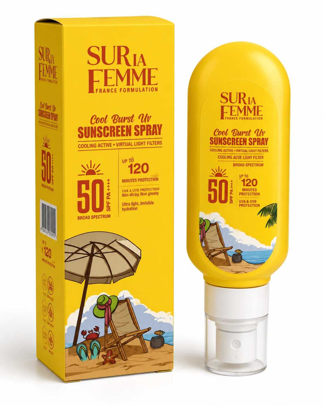 Suria Femme Cool Burst UV Sunscreen Spray SPF 50 PA++++, Cooling Actives & Blue Light Filter,