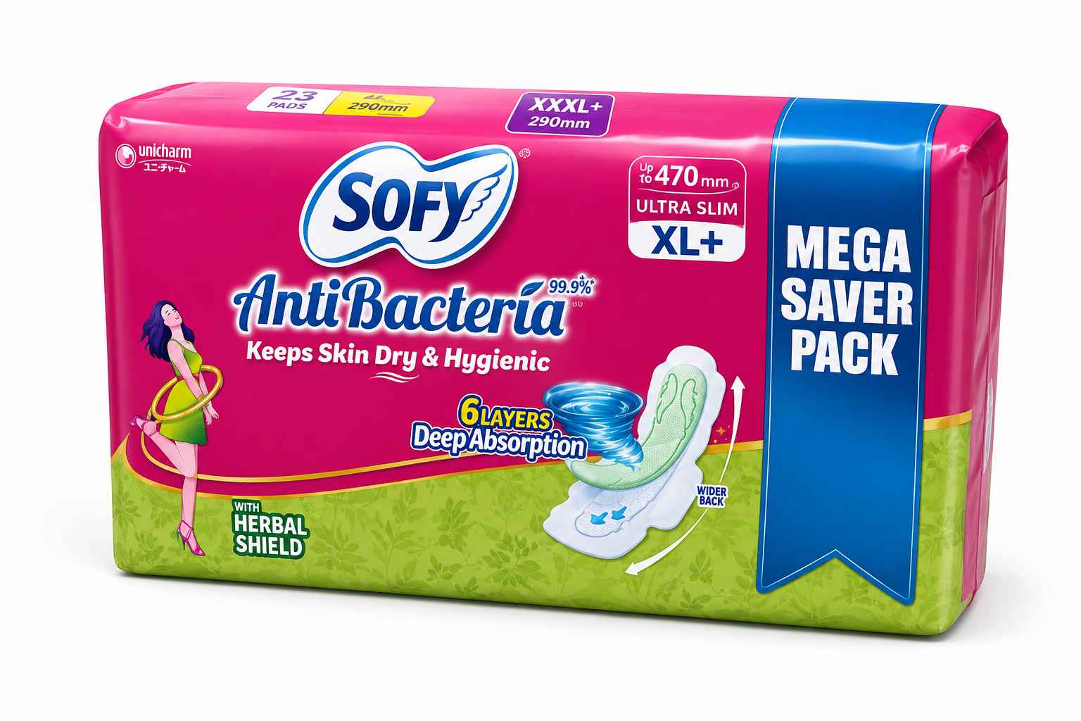 Sofy AntiBacteria - 323mm | 44 pads | For Women Sanitary Pads | Herbal Shield | Hygiene & Herbs |